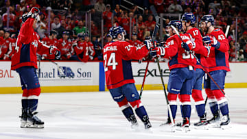Mar 18, 2025; Washington, District of Columbia, USA; Washington Capitals center Dylan Strome (17) celebrates after scoring a goal during the first period against the Detroit Red Wings at Capital One Arena. Mandatory Credit: Peter Casey-Imagn Images