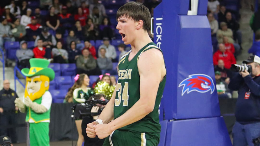 Bishop Feehan's Brody Bumila, a Raynham resident, celebrates as the Shamrocks beat Central Catholic to win the MIAA Division 1 title at the Tsongas Center in Lowell on March 15, 2026.
