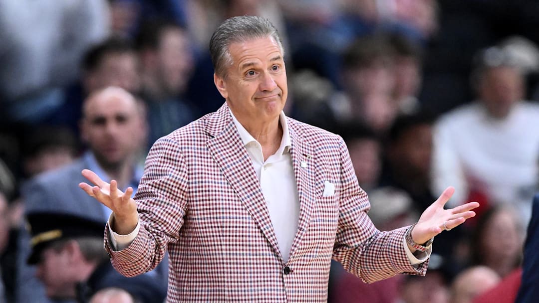 Mar 22, 2025; Providence, RI, USA; Arkansas Razorbacks head coach John Calipari during the first half of a second round men’s NCAA Tournament game against the St. John's Red Storm at Amica Mutual Pavilion. Mandatory Credit: Brian Fluharty-Imagn Images