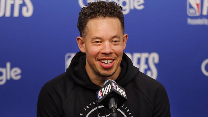 May 10, 2026; Minneapolis, Minnesota, USA; San Antonio Spurs head coach Mitch Johnson speaks to the media before game four of the second round of the 2026 NBA Playoffs against the Minnesota Timberwolves at Target Center. Mandatory Credit: Bruce Kluckhohn-Imagn Images