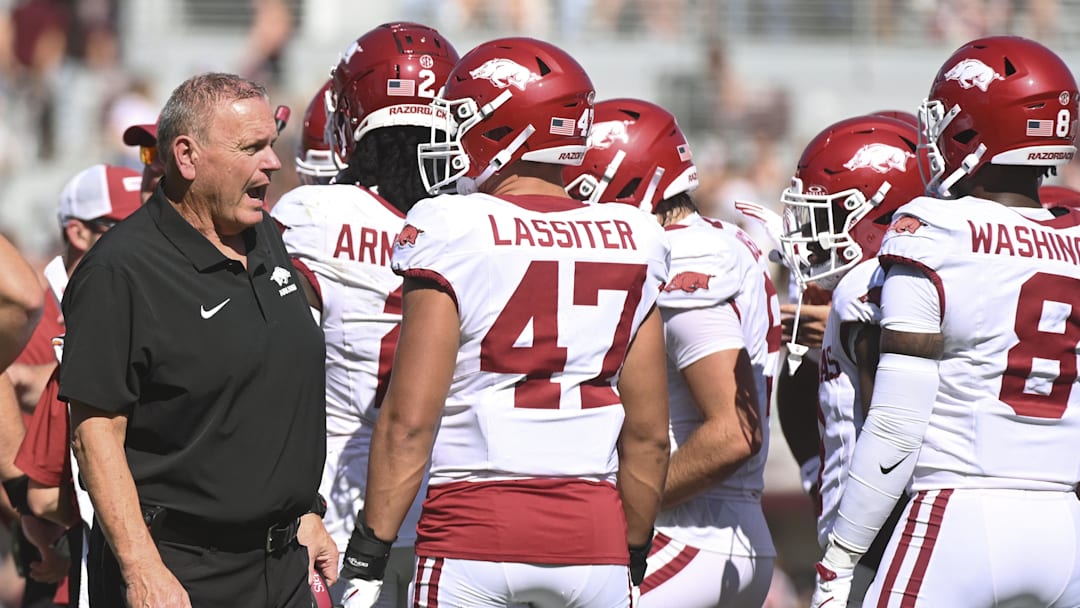 Oct 26, 2024; Starkville, Mississippi, USA;Arkansas Razorbacks head coach Sam Pittman speaks during a timeout during the first quarter of the game against the Mississippi State Bulldogs at Davis Wade Stadium at Scott Field. Mandatory Credit: Matt Bush-Imagn Images