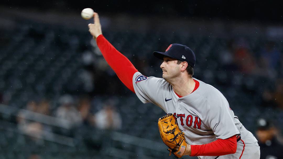May 4, 2026; Detroit, Michigan, USA;  Boston Red Sox pitcher Garrett Whitlock (22) pitches in the eighth inning against the Detroit Tigers at Comerica Park. Mandatory Credit: Rick Osentoski-Imagn Images
