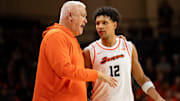 Oregon State head coach Wayne Tinkle talks to his player Michael Rataj after subbing out the game during an NCAA basketball game at Gill Coliseum on Saturday, Jan. 4, 2025, in Corvallis, Ore.