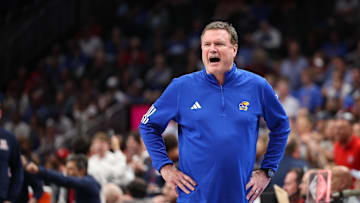 Mar 13, 2025; Kansas City, MO, USA; Kansas Jayhawks coach Bill Self reacts to game play during the second half against the Arizona Wildcats at T-Mobile Center. Mandatory Credit: William Purnell-Imagn Images
