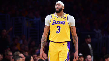 Apr 25, 2024; Los Angeles, California, USA; Los Angeles Lakers forward Anthony Davis (3) reacts during the first half in game three of the first round for the 2024 NBA playoffs at Crypto.com Arena. Mandatory Credit: Gary A. Vasquez-USA TODAY Sports
