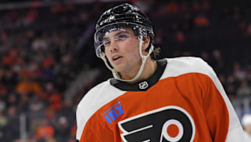 Sep 26, 2024; Philadelphia, Pennsylvania, USA; Philadelphia Flyers center Jett Luchanko (17) during the second period against the New York Islanders at Wells Fargo Center.