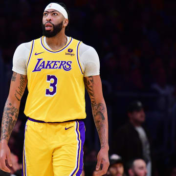 Apr 25, 2024; Los Angeles, California, USA; Los Angeles Lakers forward Anthony Davis (3) reacts during the first half in game three of the first round for the 2024 NBA playoffs at Crypto.com Arena. Mandatory Credit: Gary A. Vasquez-USA TODAY Sports