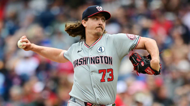 Jun 2, 2024; Cleveland, Ohio, USA; Washington Nationals relief pitcher Hunter Harvey (73) throws a pitch during the eighth inning against the Cleveland Guardians at Progressive Field.