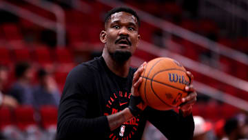 Nov 22, 2024; Houston, Texas, USA; Portland Trail Blazers center Deandre Ayton (2) warms up prior to the game against the Portland Trail Blazers at Toyota Center. Mandatory Credit: Erik Williams-Imagn Images