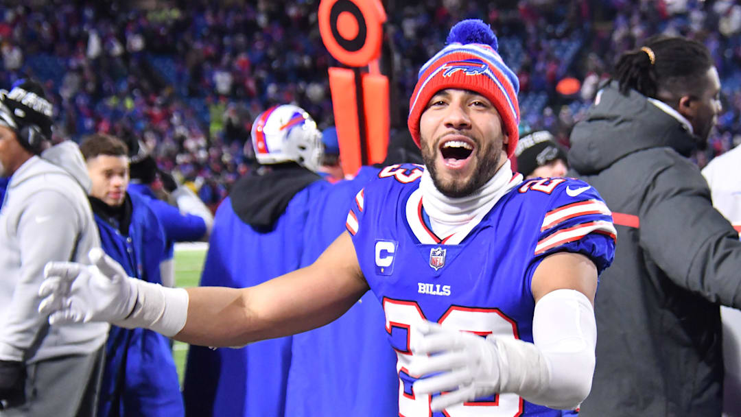 Jan 9, 2022; Orchard Park, New York, USA; Buffalo Bills safety Micah Hyde (23) celebrates winning the AFC East by gaining a win over the New York Jets at Highmark Stadium