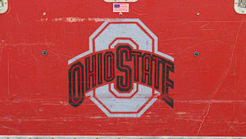 Nov 17, 2012; Madison, WI, USA;  The Ohio State Buckeyes logo on a crate on the sidelines prior to the game against the Wisconsin Badgers at Camp Randall Stadium.  Ohio State defeated Wisconsin 21-14 in overtime.  Mandatory Credit: Jeff Hanisch-Imagn Images