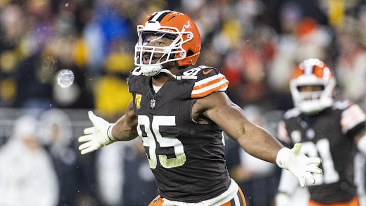 Nov 21, 2024; Cleveland, Ohio, USA; Cleveland Browns defensive end Myles Garrett (95) celebrates a team fumble recovery against the Pittsburgh Steelers during the second quarter at Huntington Bank Field Stadium. Nov 21, 2024; Cleveland, Ohio, USA; Cleveland Browns defensive end Myles Garrett (95) celebrates a team fumble recovery against the Pittsburgh Steelers during the second quarter at Huntington Bank Field Stadium.