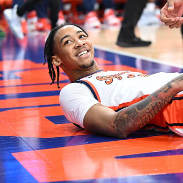 Feb 7, 2024; Syracuse, New York, USA; Syracuse Orange guard Judah Mintz (3) reacts to making a basket against the Louisville Cardinals in the second half at the JMA Wireless Dome. Mandatory Credit: Mark Konezny-USA TODAY Sports