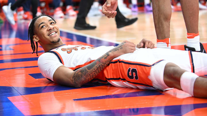 Feb 7, 2024; Syracuse, New York, USA; Syracuse Orange guard Judah Mintz (3) reacts to making a basket against the Louisville Cardinals in the second half at the JMA Wireless Dome. Mandatory Credit: Mark Konezny-USA TODAY Sports