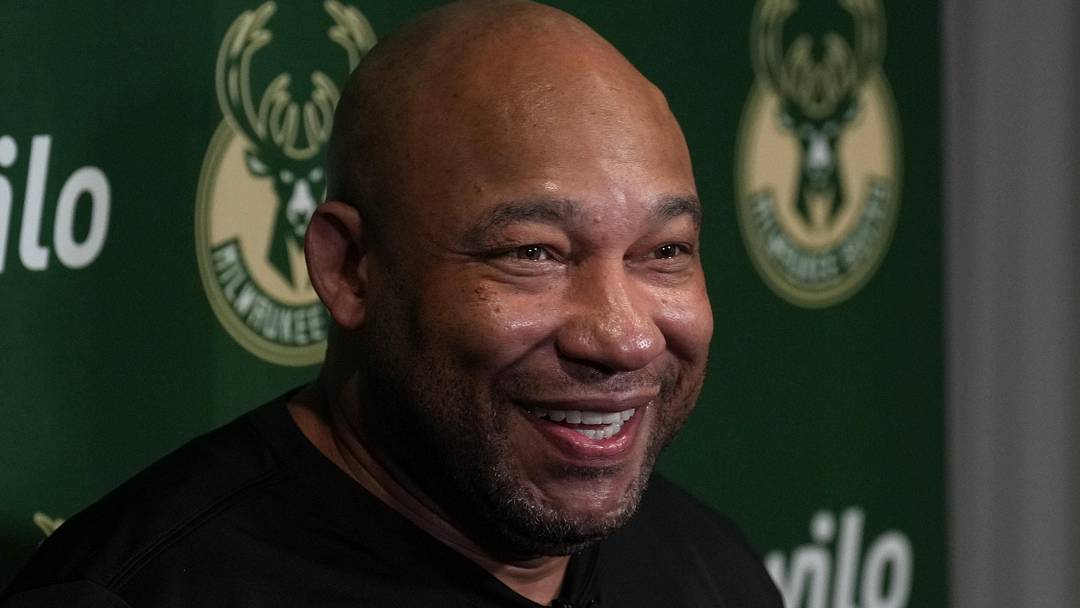 Milwaukee Bucks assistant coach Darvin Ham talks to media members before the game against the Sacramento Kings at Golden 1 Center on March 22, 2025.