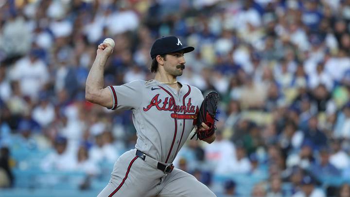 May 9, 2026; Los Angeles, California, USA;  Atlanta Braves pitcher Spencer Strider (99) throws to the plate during the first inning against the Los Angeles Dodgers at Dodger Stadium. Mandatory Credit: Kiyoshi Mio-Imagn Images