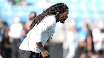 Aug 17, 2024; Charlotte, North Carolina, USA; Carolina Panthers linebacker Jadeveon Clowney (7) during pregame warm ups against the New York Jets at Bank of America Stadium. Mandatory Credit: Jim Dedmon-Imagn Images