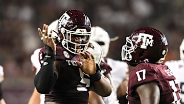 Sep 21, 2024; College Station, Texas, USA; Texas A&M Aggies defensive lineman Shemar Turner (5) celebrates after sacking Bowling Green Falcons quarterback Baron May, not pictured, during the third quarter at Kyle Field. Mandatory Credit: Maria Lysaker-Imagn Images. 