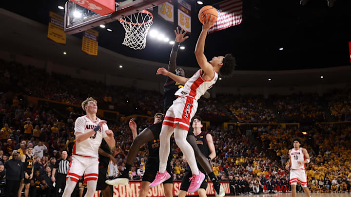 Jan 31, 2026; Tempe, Arizona, USA; Arizona Wildcats guard Brayden Burries (5) against the Arizona State Sun Devils in the first half at Desert Financial Arena. Mandatory Credit: Mark J. Rebilas-Imagn Images