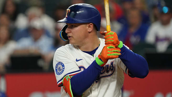 May 17, 2025; Arlington, Texas, USA; Texas Rangers first baseman Joc Pederson (4) bats during the second inning against the Houston Astros at Globe Life Field. 