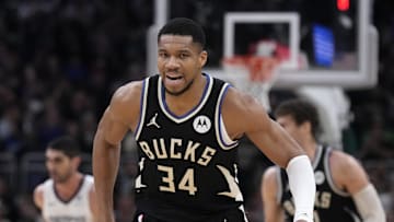 Feb 2, 2025; Milwaukee, Wisconsin, USA; Milwaukee Bucks forward Giannis Antetokounmpo (34) runs the down the court fired up after a dunk against the Memphis Grizzlies in the second half at Fiserv Forum. Mandatory Credit: Michael McLoone-Imagn Images