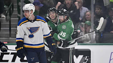 Mar 2, 2025; Dallas, Texas, USA; Dallas Stars center Wyatt Johnston (53) and center Matt Duchene (95) celebrate after Johnston scores his third goal of the game for a hat trick against the St. Louis Blues as center Radek Faksa (12) looks on during the third period at the American Airlines Center. Mandatory Credit: Jerome Miron-Imagn Images