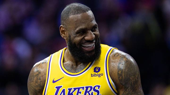 Nov 27, 2023; Philadelphia, Pennsylvania, USA; Los Angeles Lakers forward LeBron James (23) smiles after a Philadelphia 76ers foul during the first quarter at Wells Fargo Center. Mandatory Credit: Bill Streicher-Imagn Images