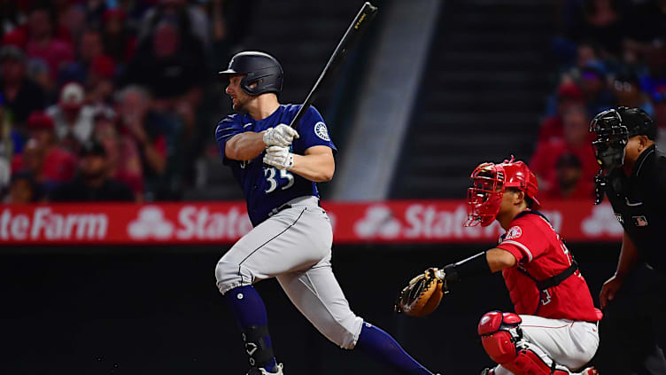 June 25, 2022; Anaheim, California, USA; Seattle Mariners first baseman Kevin Padlo (35) hits a two