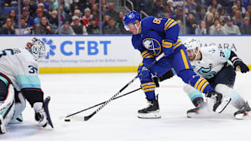 Jan 11, 2025; Buffalo, New York, USA;  Buffalo Sabres center Sam Lafferty (81) takes a shot on Seattle Kraken goaltender Joey Daccord (35) during the second period at KeyBank Center. Mandatory Credit: Timothy T. Ludwig-Imagn Images