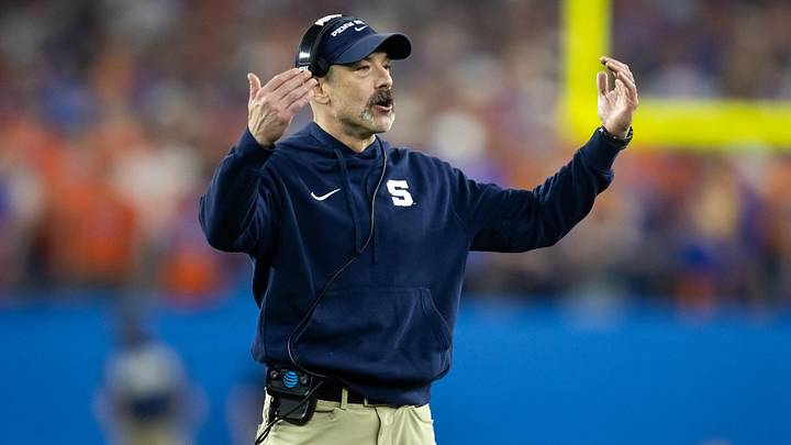 Dec 31, 2024; Glendale, AZ, USA; Penn State Nittany Lions special teams coordinator Justin Lustig against the Boise State Broncos during the Fiesta Bowl at State Farm Stadium. Mandatory Credit: Mark J. Rebilas-Imagn Images