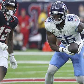 Tennessee Titans linebacker Kenneth Murray Jr. intercepts a pass during the third quarter against the Houston Texans at NRG Stadium. 