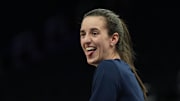 Indiana Fever guard Caitlin Clark makes a funny face before a game against the Golden State Valkyries at Chase Center.