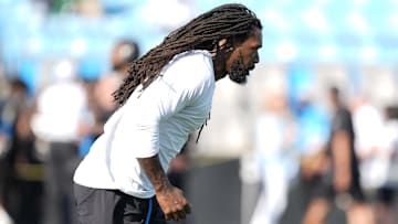 Aug 17, 2024; Charlotte, North Carolina, USA; Carolina Panthers linebacker Jadeveon Clowney (7) during pregame warm ups against the New York Jets at Bank of America Stadium.