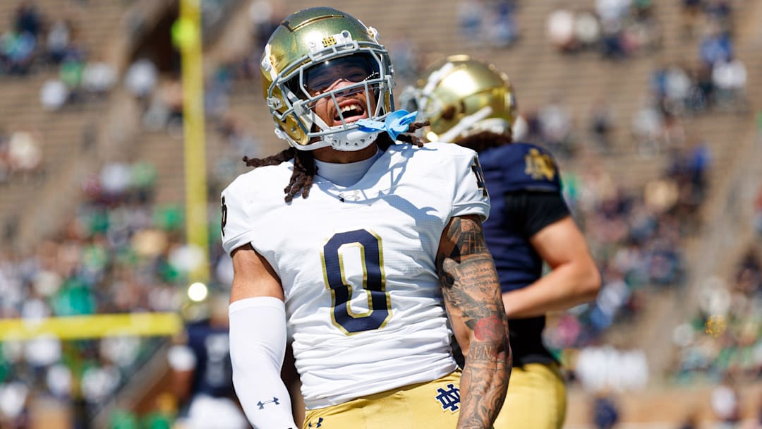Notre Dame corner back DeVonta Smith celebrates during the Notre Dame Blue-Gold spring football game at Notre Dame Stadium on Saturday, April 12, 2025, in South Bend.