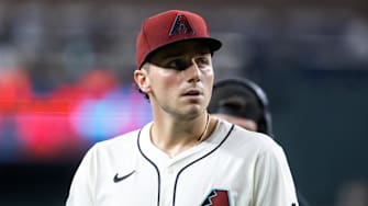 Sep 23, 2025; Phoenix, Arizona, USA; Arizona Diamondbacks pitcher Brandon Pfaadt in the fifth inning against the Los Angeles Dodgers at Chase Field. Mandatory Credit: Mark J. Rebilas-Imagn Images
