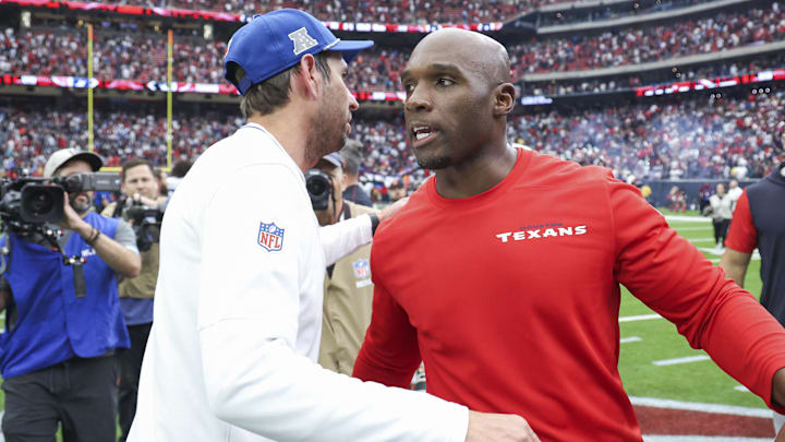 Oct 27, 2024; Houston, Texas, USA; Houston Texans head coach DeMeco Ryans (right) greets Indianapolis Colts head coach Shan Steichen after the game at NRG Stadium. Mandatory Credit: Troy Taormina-Imagn Images Oct 27, 2024; Houston, Texas, USA; Houston Texans head coach DeMeco Ryans (right) greets Indianapolis Colts head coach Shan Steichen after the game at NRG Stadium. Mandatory Credit: Troy Taormina-Imagn Images