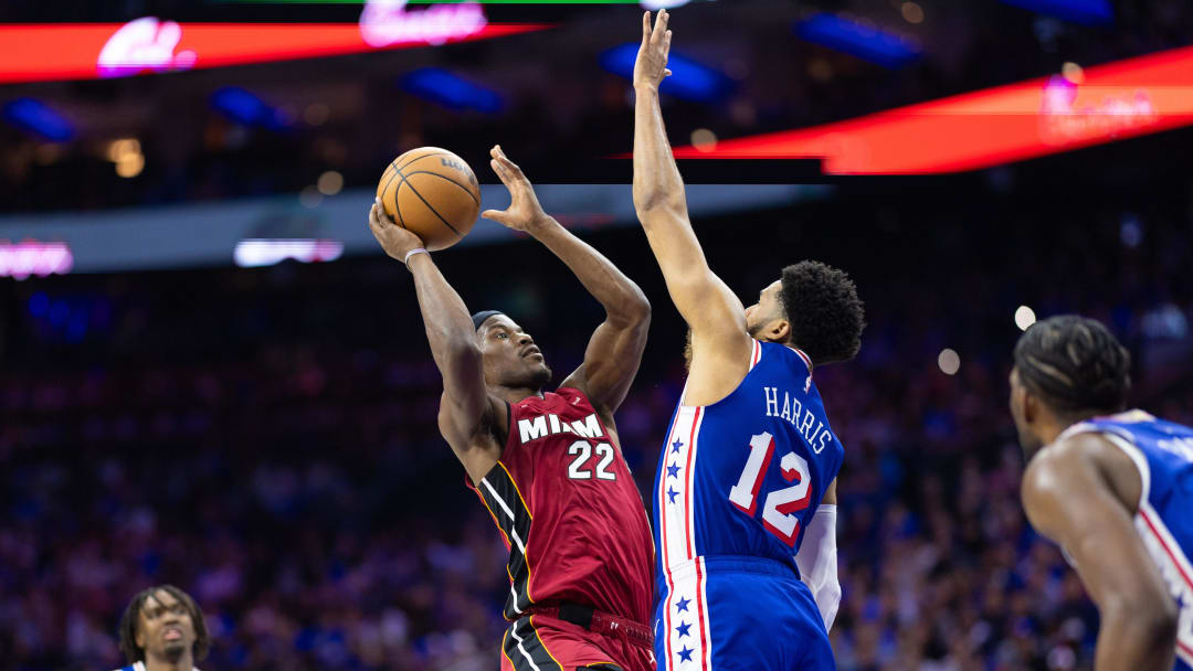 Apr 17, 2024; Philadelphia, Pennsylvania, USA; Miami Heat forward Jimmy Butler (22) drives for a