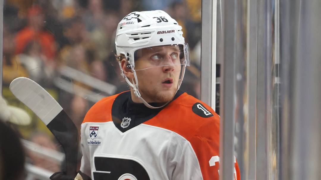 Apr 27, 2026; Pittsburgh, Pennsylvania, USA;  Philadelphia Flyers defenseman Emil Andrae (36) watches a scoreboard replay as he enters the penalty box on a tripping infraction against the Pittsburgh Penguins during the third period in game five of the first round of the 2026 Stanley Cup Playoffs at PPG Paints Arena. Mandatory Credit: Charles LeClaire-Imagn Images