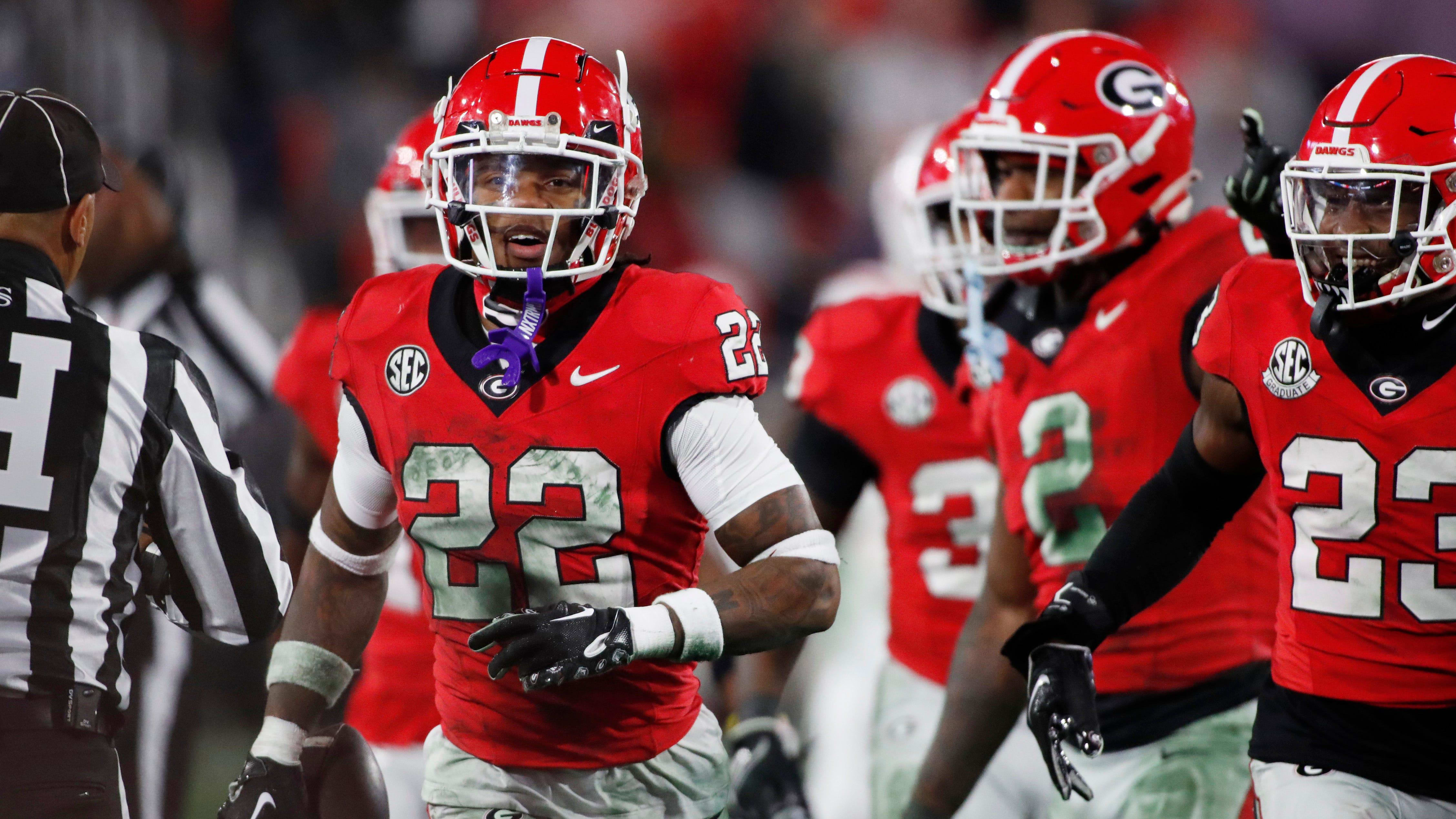 Georgia defensive back Javon Bullard (22) celebrates after piking off a pass from Ole Miss