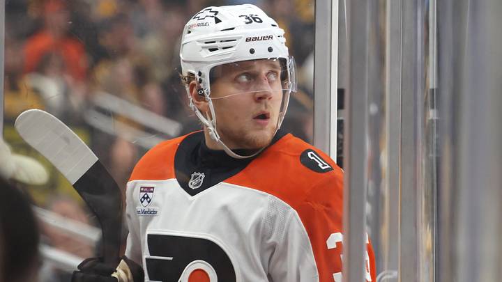 Apr 27, 2026; Pittsburgh, Pennsylvania, USA;  Philadelphia Flyers defenseman Emil Andrae (36) watches a scoreboard replay as he enters the penalty box on a tripping infraction against the Pittsburgh Penguins during the third period in game five of the first round of the 2026 Stanley Cup Playoffs at PPG Paints Arena.