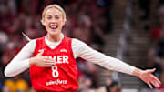Indiana Fever guard Sophie Cunningham (8) celebrates Friday, July 11, 2025, during a game between the Indiana Fever and the Atlanta Dream at Gainbridge Fieldhouse in Indianapolis. The Indiana Fever defeated the Atlanta Dream, 99-82.