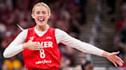 Indiana Fever guard Sophie Cunningham celebrates during a game between the Indiana Fever and the Atlanta Dream.