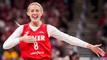Indiana Fever guard Sophie Cunningham celebrates during a game between the Indiana Fever and the Atlanta Dream.