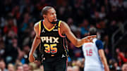Phoenix Suns forward Kevin Durant (35) reacts after he made a three point shot during the fourth quarter against the Washington Wizards at Footprint Center.