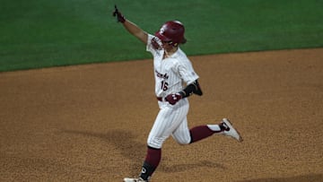 May 7, 2025; Athens, GA, USA; South Carolina infielder Arianna Rodi (16) reacts to her two-run homer during a game against Alabama at Jack Turner Stadium. Mandatory Credit: Mady Mertens-Imagn Images