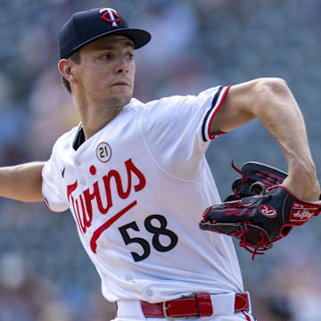 Minnesota Twins starting pitcher David Festa (58) delivers a pitch against the Cincinnati Reds in the first inning at Target Field in Minneapolis on Sept. 15, 2024.