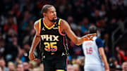Jan 25, 2025; Phoenix, Arizona, USA; Phoenix Suns forward Kevin Durant (35) reacts after he made a three point shot during the fourth quarter against the Washington Wizards at Footprint Center. Mandatory Credit: Aryanna Frank-Imagn Images
