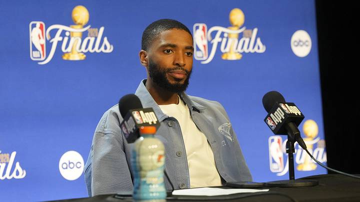 Jun 5, 2026; San Antonio, Texas, USA; New York Knicks guard Mikal Bridges (25) speaks with the media after the game between the Spurs and the Knicks in game two of the 2026 NBA Finals at Frost Bank Center. Mandatory Credit: Daniel Dunn-Imagn Images