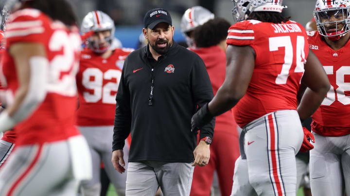 Dec 29, 2023; Arlington, TX, USA;  Ohio State Buckeyes head coach Ryan Day walks on the field before the game against the Missouri Tigers at AT&T Stadium. Mandatory Credit: Tim Heitman-USA TODAY Sports