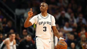 Dec 3, 2024; Phoenix, Arizona, USA; San Antonio Spurs guard Chris Paul (3) against the Phoenix Suns during an NBA Cup game at Footprint Center. Mandatory Credit: Mark J. Rebilas-Imagn Images